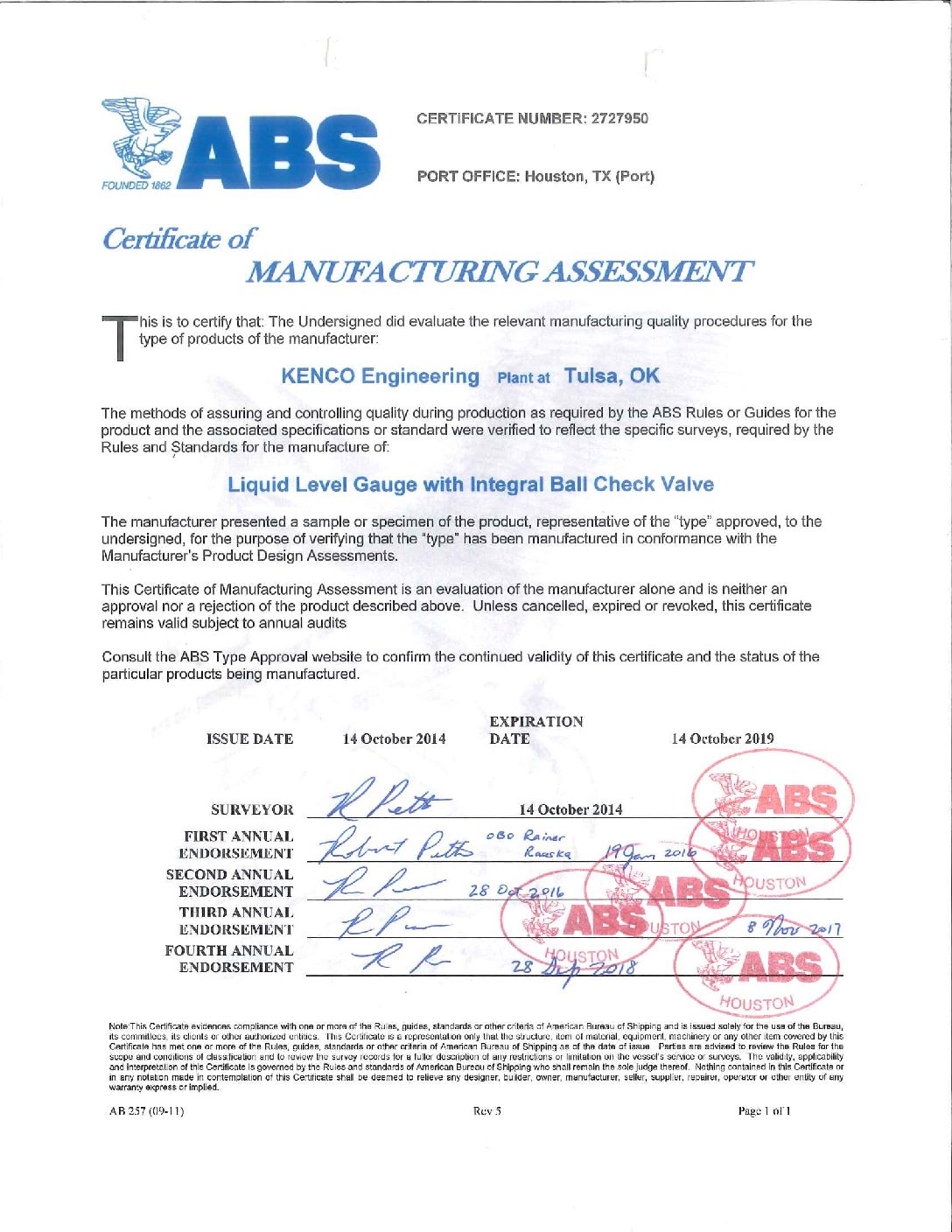 ABS Certificate of MANUFACTURING ASSESSMENT_2019 - Kenco