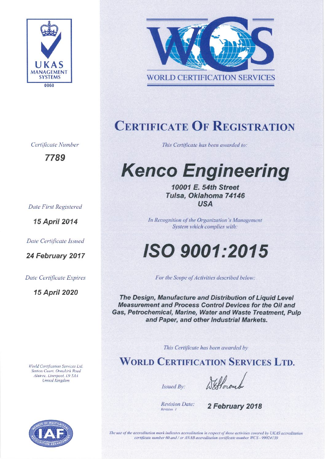 ISO 9001-2015 Kenco Engineering- Certificate of Registration
